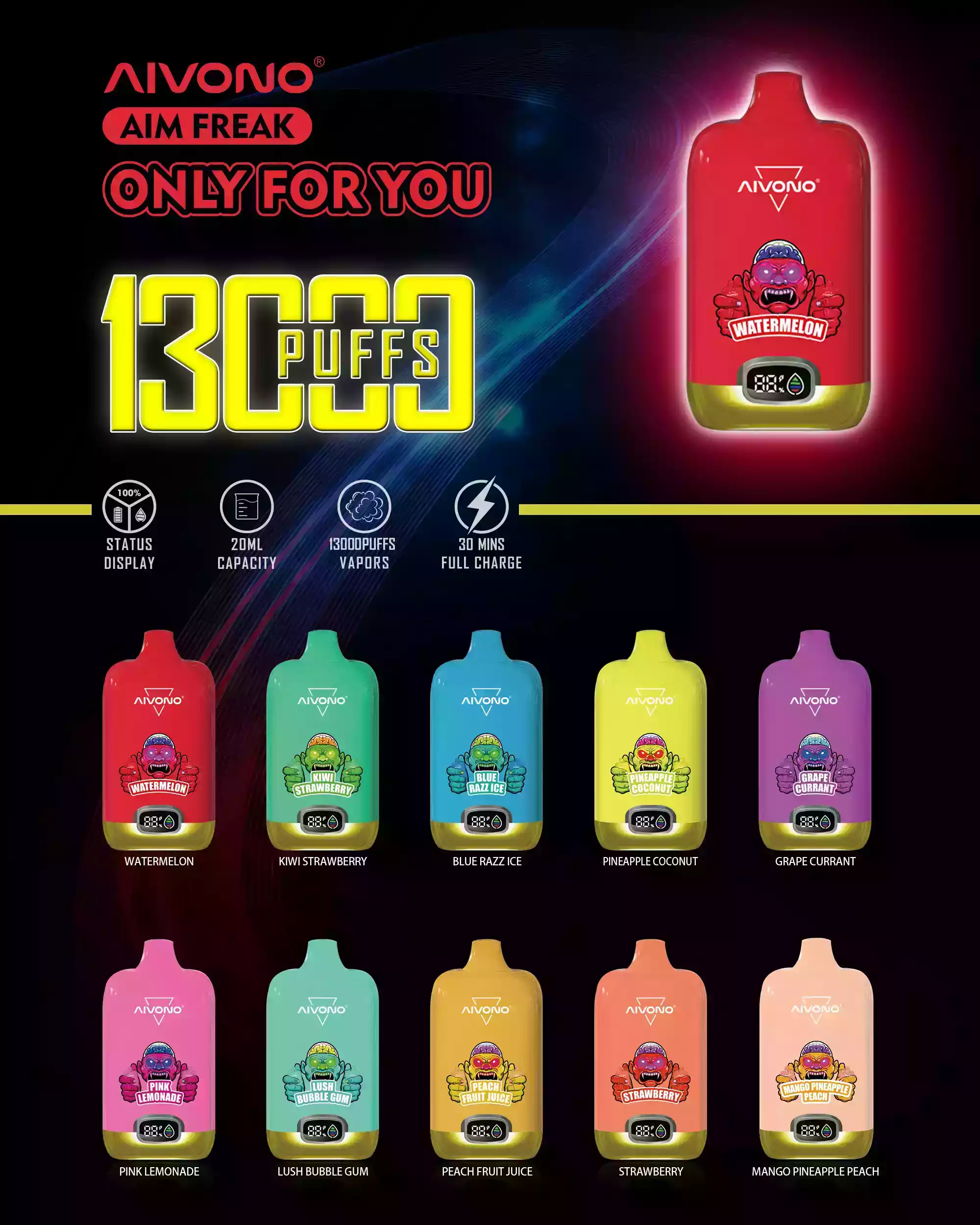 AIVONO AIM Freak 13000 Puffs Capacità del liquido elettronico di 20ml e 13000 Puffs per un'esperienza di svapo senza paragoni