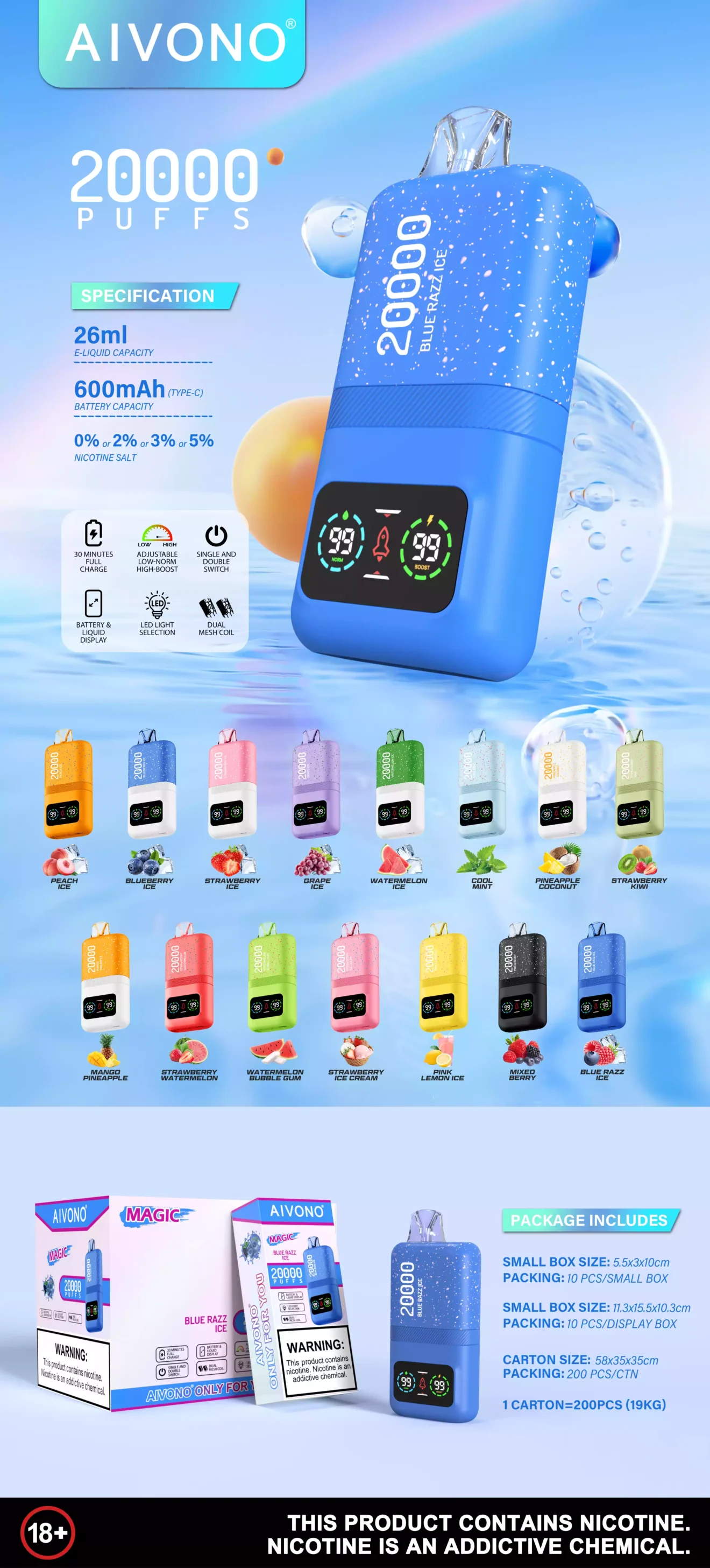 AIVONO AIM Magic 20000 Puffs Recargable Vape Desechable con 26ml E Liquid Capacidad