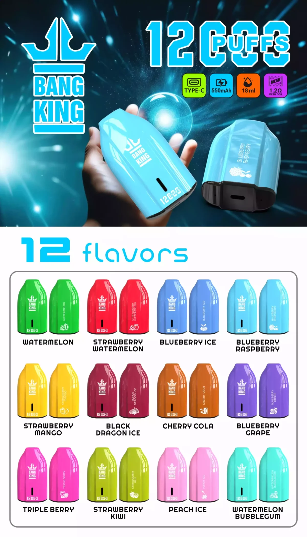 BANG KING 12000 Puffs High Quality Disposable Vape with 12ml E Liquid and 600mAh Battery