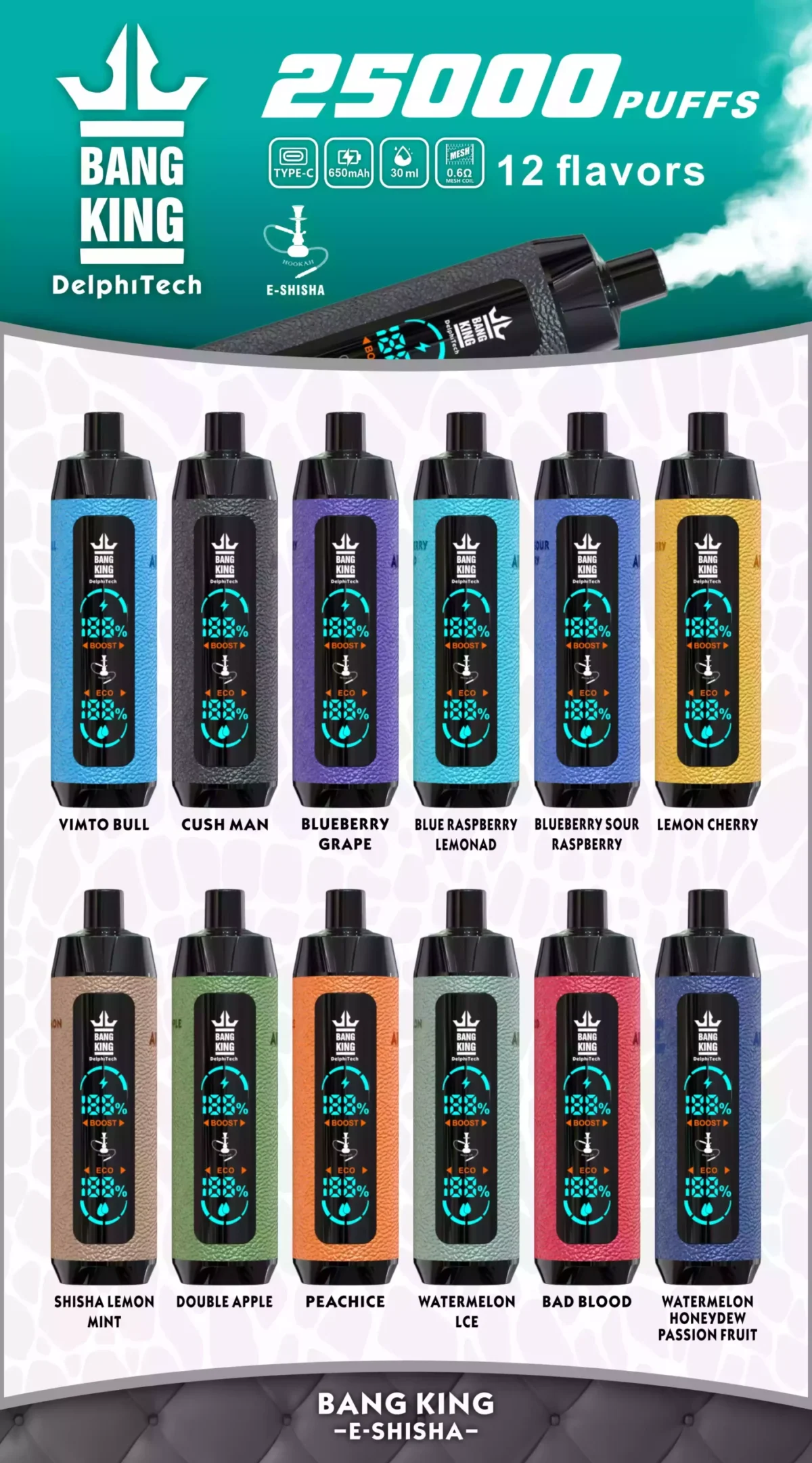 BANG King 25000 Funda de cuero Puffs Batería de 650mAh y 30ml E liquid para la máxima comodidad en Vaping