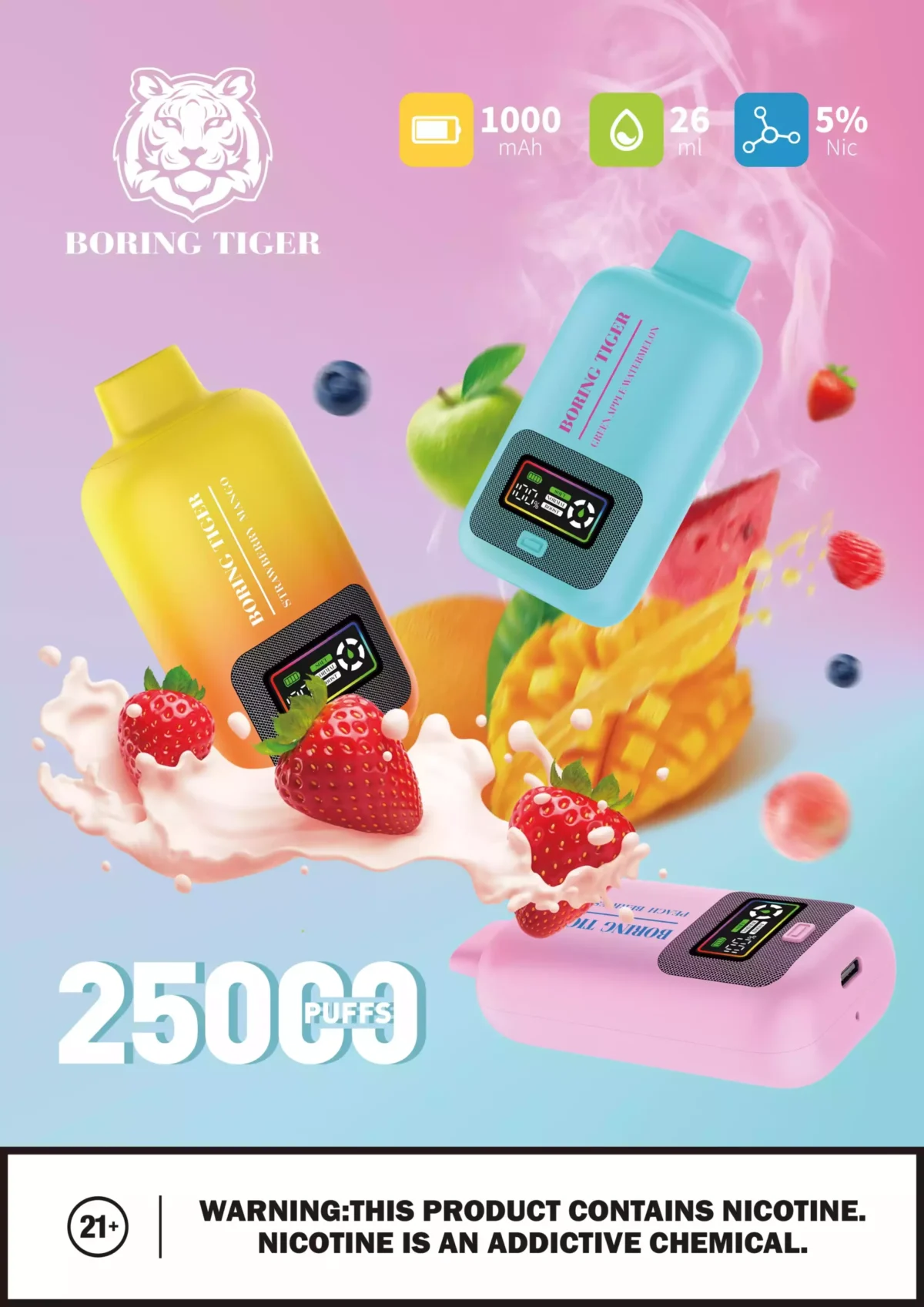 VASY Boring Tiger 25000 Puffs Disposable Vape with 50mg Nicotine & 17 Flavor Options