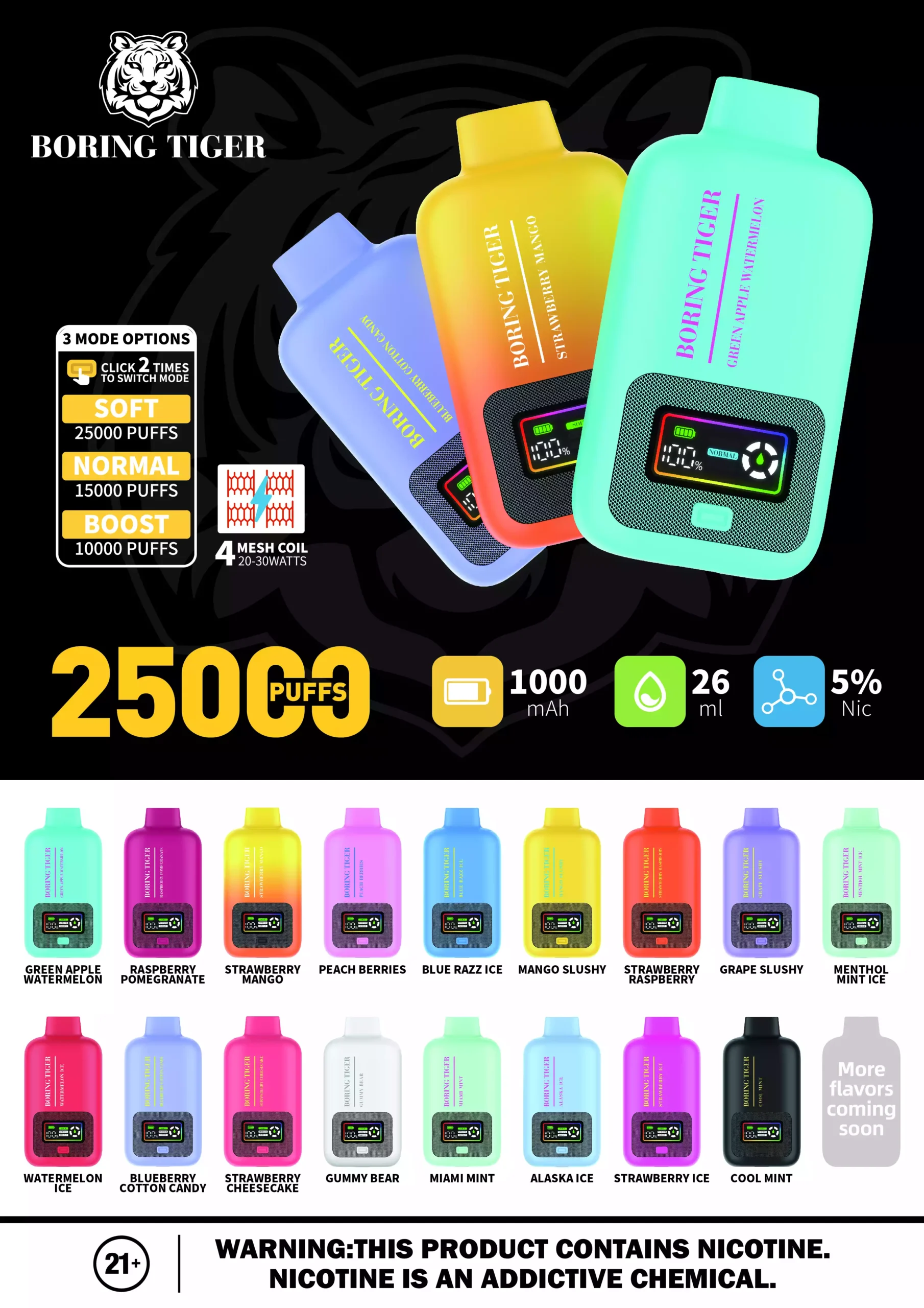 VASY Boring Tiger 25000 Puffs Disposable Vape with 50mg Nicotine & 17 Flavor Options