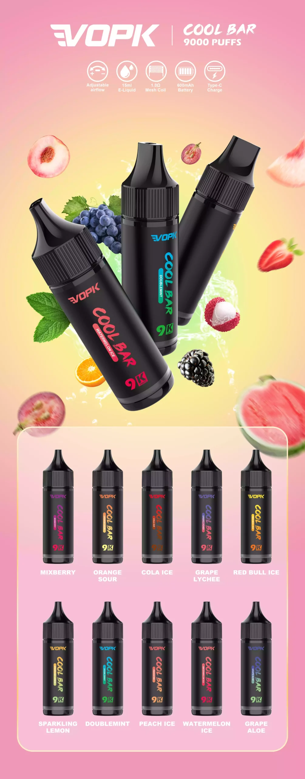 VOPK COOL BAR 9000 Puffs 10 Refreshing Flavors in a 15ML Disposable Vape