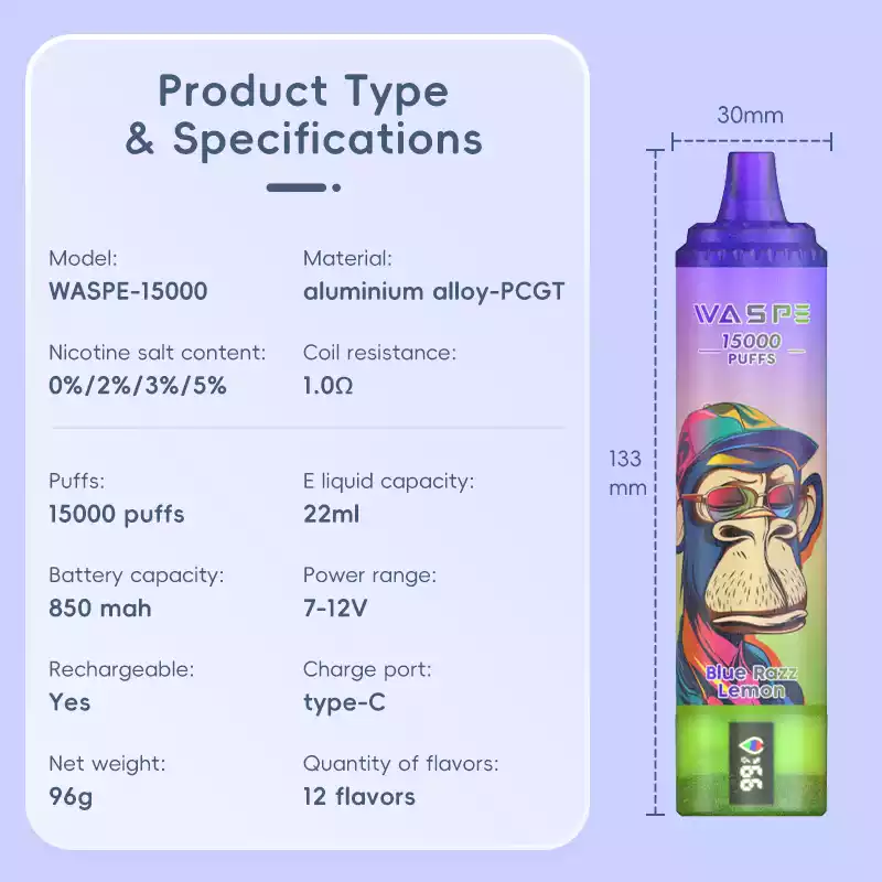 WASPE 15000 PUFFS 22ml Capacity Type-C Charging Disposable Vape