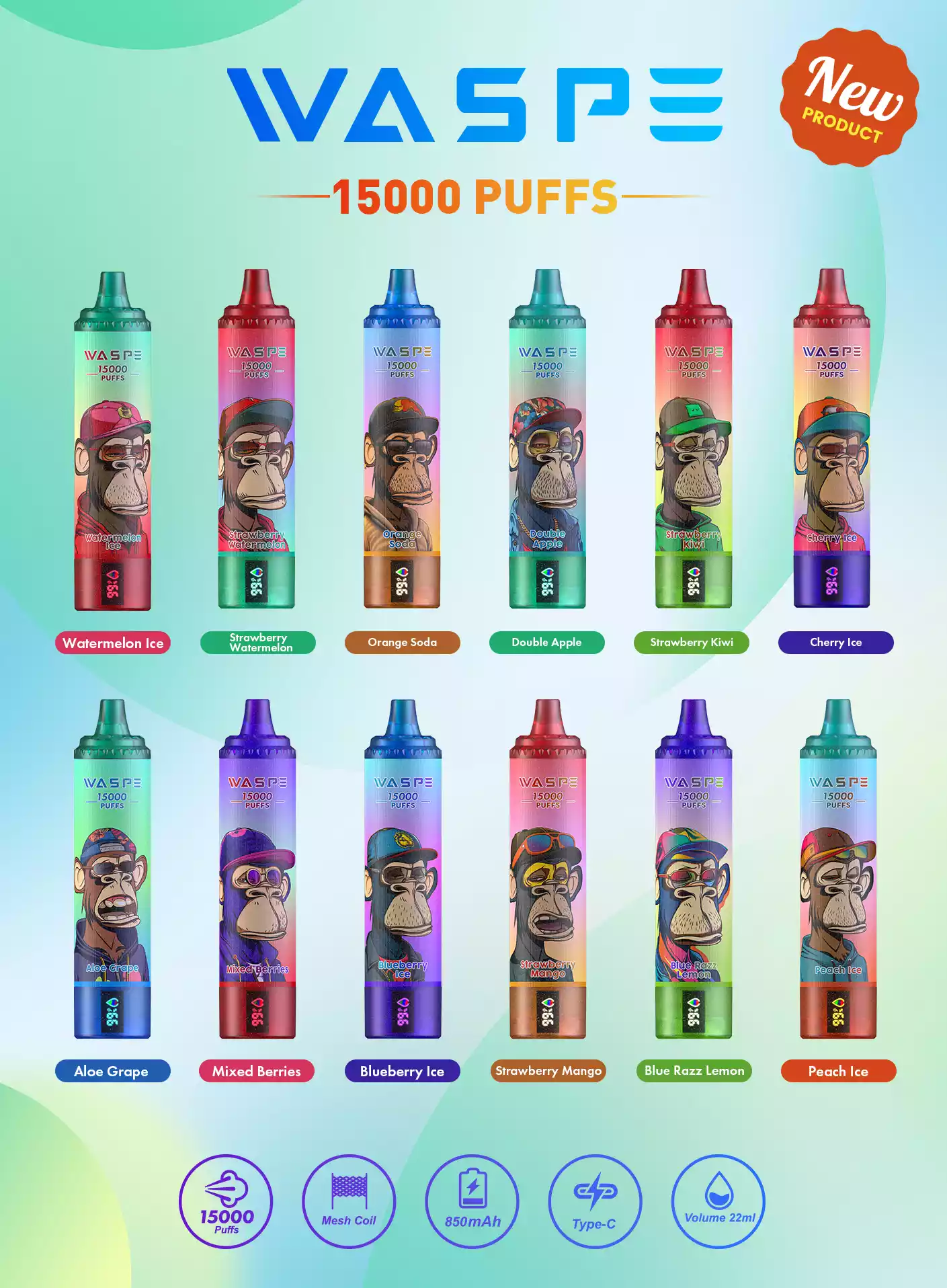 WASPE 15000 PUFFS 22ml Capacity Type-C Charging Disposable Vape