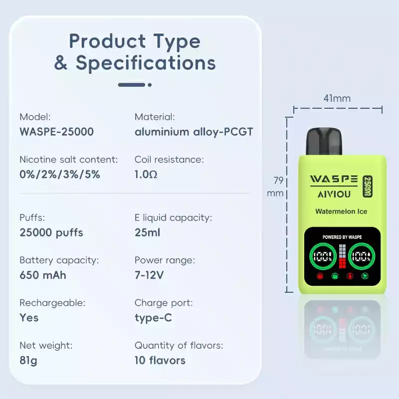 WASPE 25000 Puffs Dual Mesh Box 10 Flavors 25ml Capacity and 0%–5% Nicotine