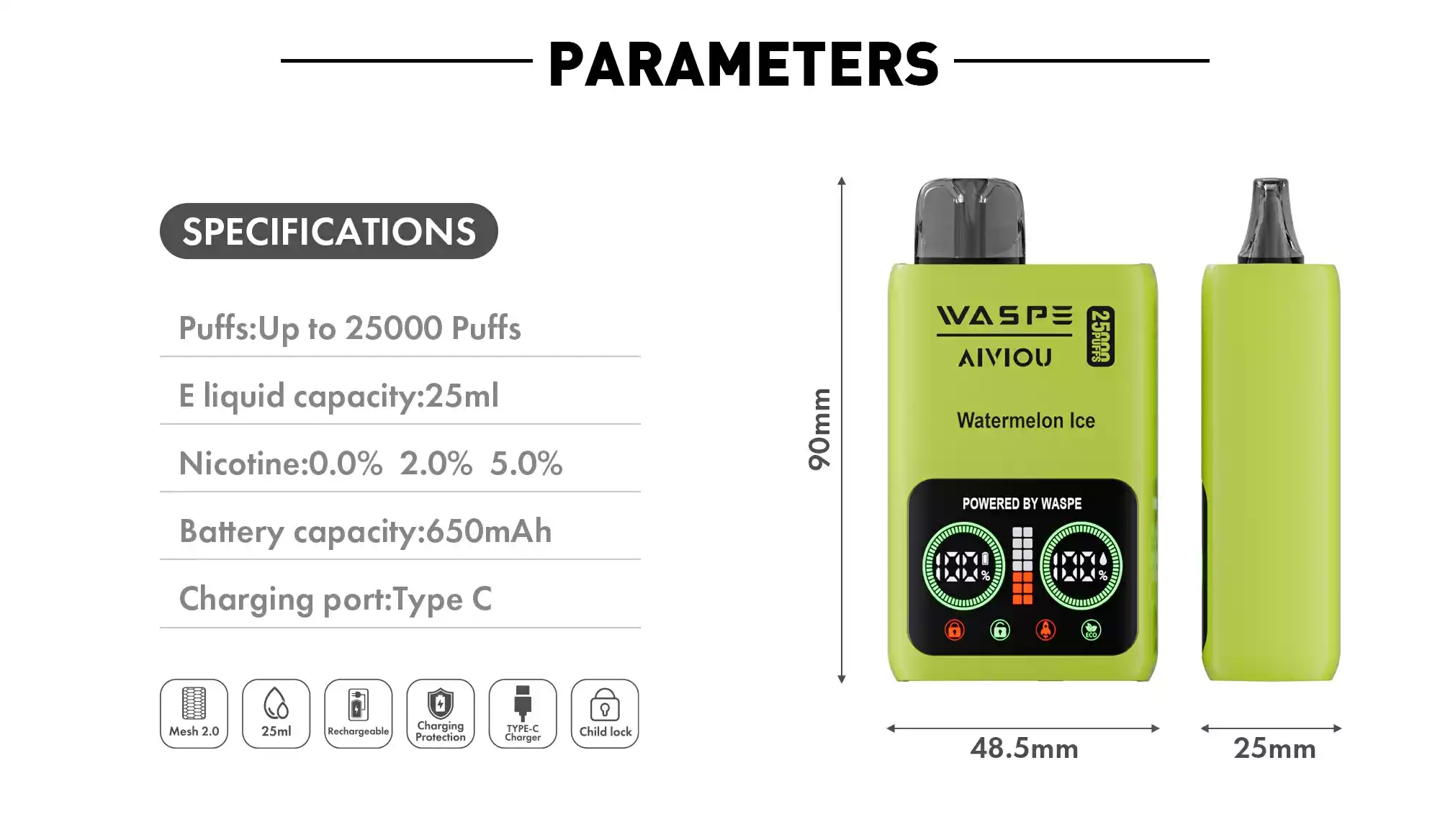 WASPE 25000 Puffs Dual Mesh Box 10 Flavors 25ml Capacity and 0%–5% Nicotine