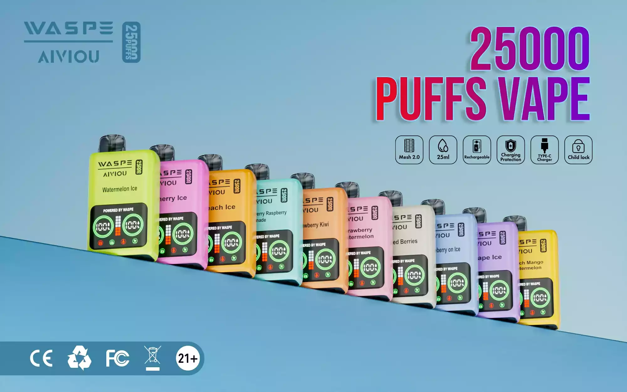 WASPE 25000 Puffs Dual Mesh Box 10 Flavors 25ml Capacity and 0%–5% Nicotine