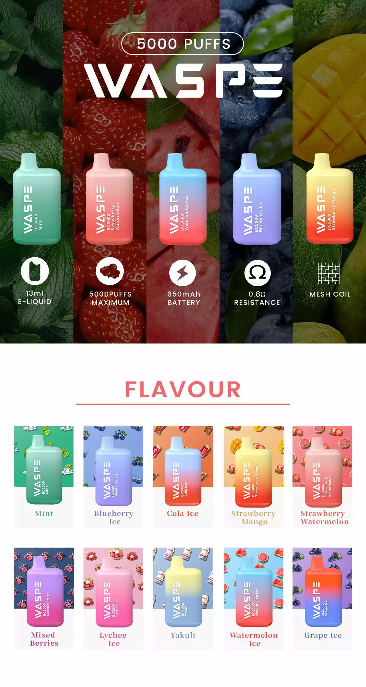 WASPE 5000 Puffs Disposable Vape with 5000 Puffs 650mAh Battery and 10 Irresistible Flavors