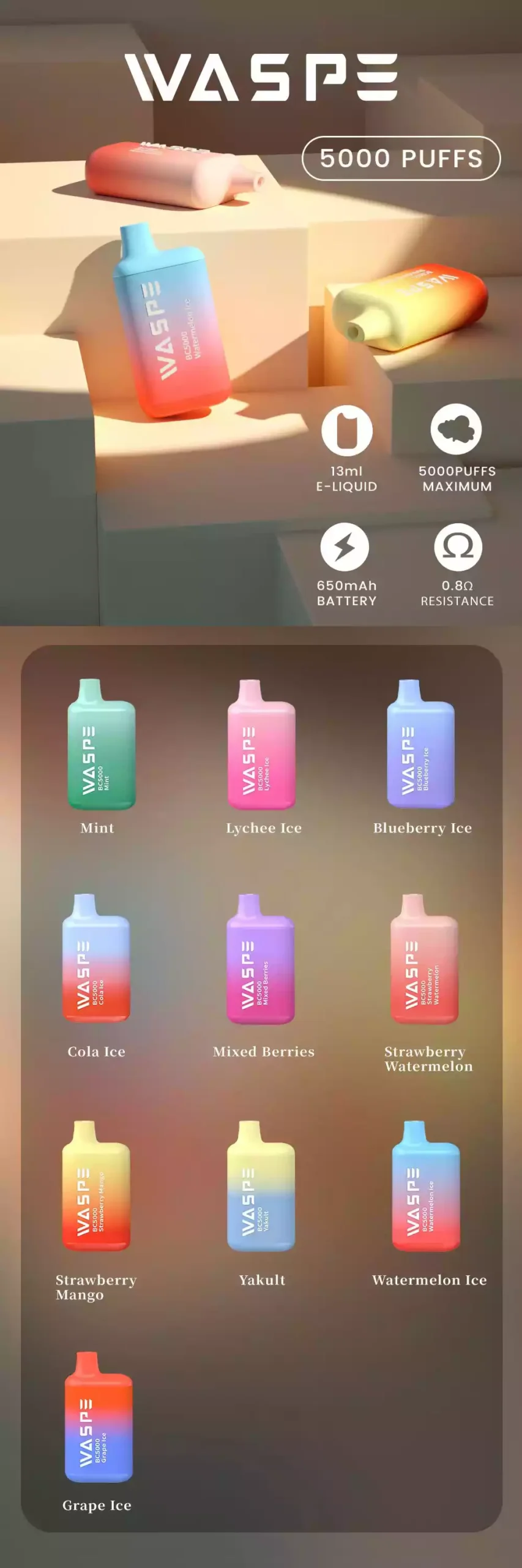 WASPE 5000 Puffs Disposable Vape with 5000 Puffs 650mAh Battery and 10 Irresistible Flavors